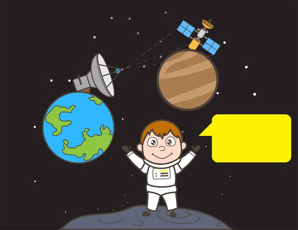 Cosmonauta de dibujos animados con banner de mensaje e ilustración vectorial de satélites — Vector de stock
