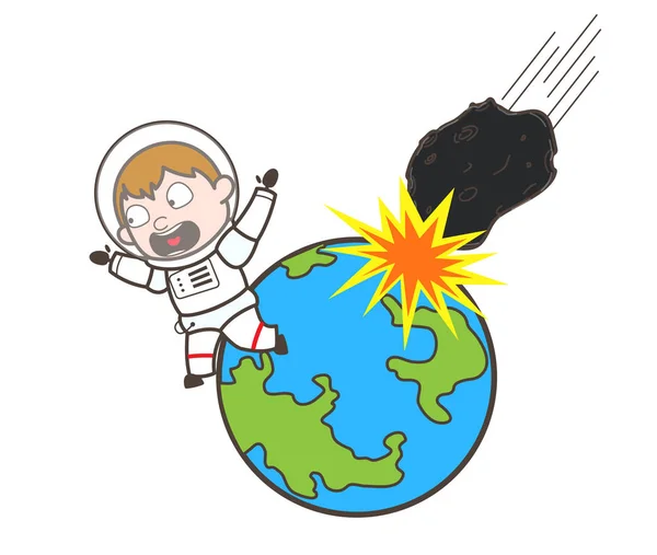 Astronauta de dibujos animados huyendo del asteroide cayendo en la tierra Vector ilustración — Vector de stock