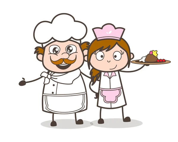 Cameriera cartone animato con Boss Chef avendo torta piatto vettoriale illustrazione — Vettoriale Stock