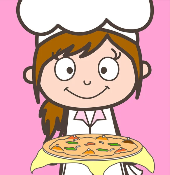 Serveuse de bande dessinée montrant l'illustration vectorielle de pizza — Image vectorielle