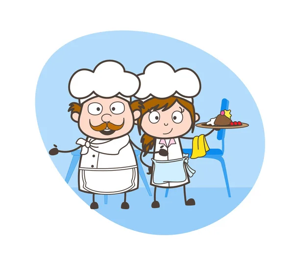 Cartoon Waitress and Chef Preparing Desert Vector Illustration — Stock Vector