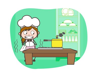 Cartoon Waitress Scaring to Presser-Cooker Vector Illustration clipart