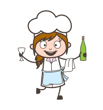 Çizgi film neşeli garson şarap şişe ve cam vektör çizim ile dans