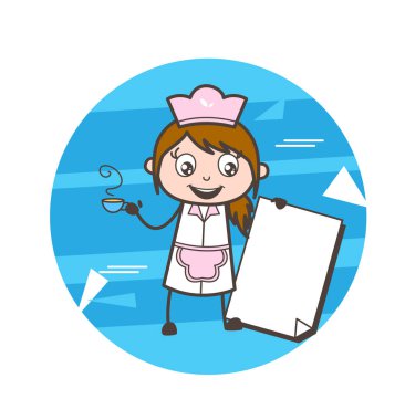 Bir fincan çay ve ileti afiş vektör Holding karikatür mutlu garson