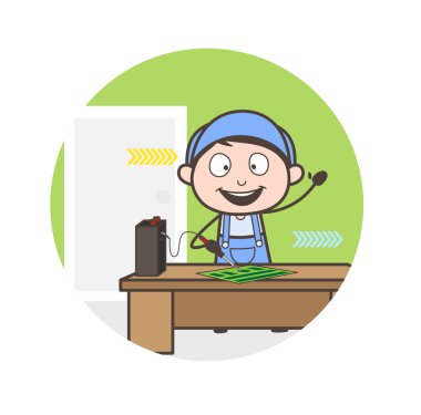 Karikatür mutlu elektrikçi devre kartı vektör onarma