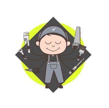 Çizgi film makinist farklı araçları vektör çizim ile