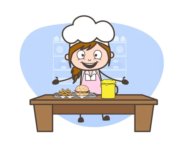 Cartoon Waitress Presenting Party Items Vector Illustration — Stock Vector