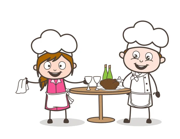 Cameriera dei cartoni animati con chef che prepara il cibo sull'illustrazione vettoriale della tavola — Vettoriale Stock