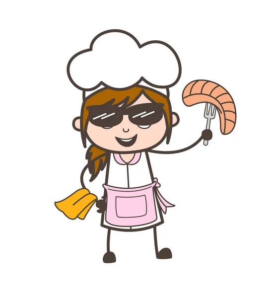 Kreskówka trzyma chleb z łyżką wektor ilustracja nowoczesny kelnerka — Wektor stockowy