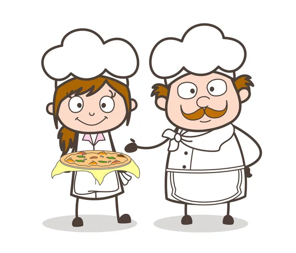 Cameriera dei cartoni animati e chef che presenta Pizza vettoriale illustrazione — Vettoriale Stock