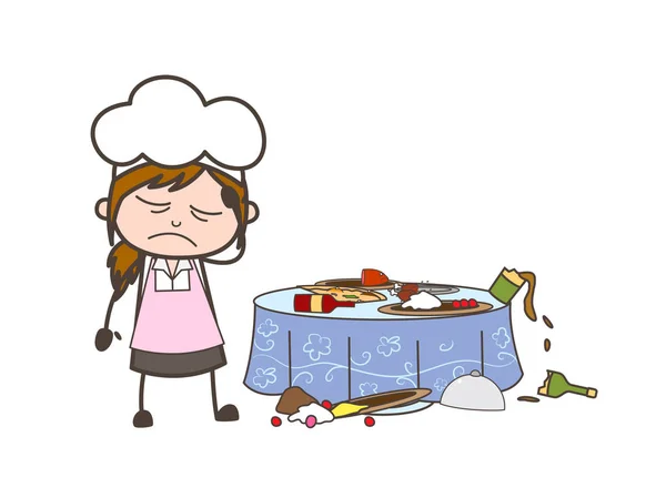 Cartoon Waitress Getting Upset for Food Spoiling Vector Illustration - Stok Vektor