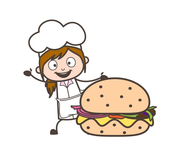 大規模なハンバーガーのベクトル図を提示漫画ウェイトレス — ストックベクタ