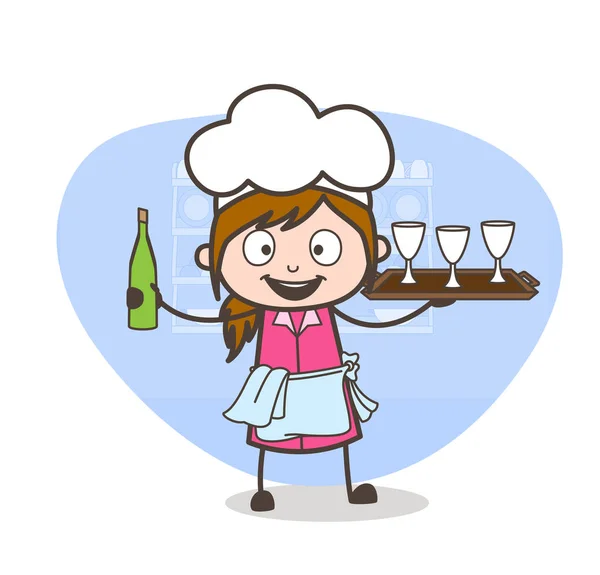 ワインの瓶とグラスのベクトル図を示す漫画ウェイトレス — ストックベクタ