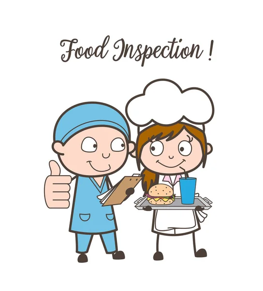 Inspetor de alimentos dos desenhos animados Approved Restaurant Food Vector Concept —  Vetores de Stock