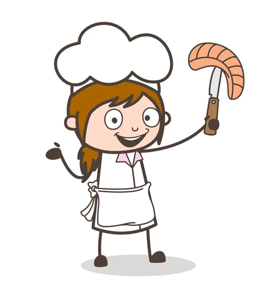 Empregada feliz dos desenhos animados que prende um pão grande com ilustração do vetor da faca — Vetor de Stock