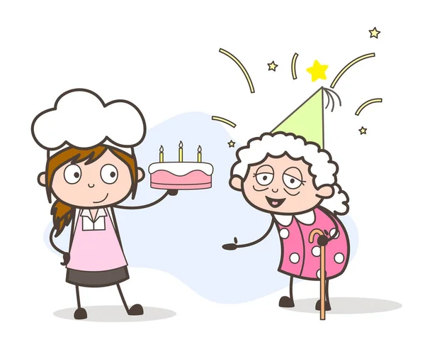 Cartoon nipote chef Celebrare il compleanno della nonna con il concetto di torta vettoriale — Vettoriale Stock
