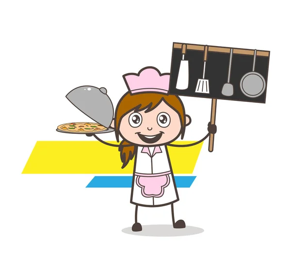 Cartoon Joyful Waitress Showing Food and Utensils Vector — Stock Vector