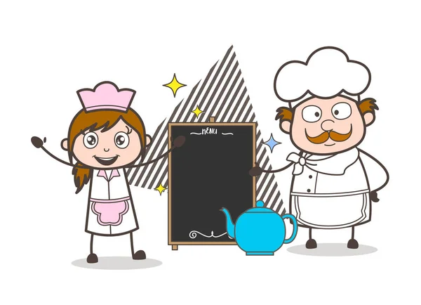 Dessin animé Joyeux chef masculin et féminin avec illustration vectorielle de bannière publicitaire — Image vectorielle