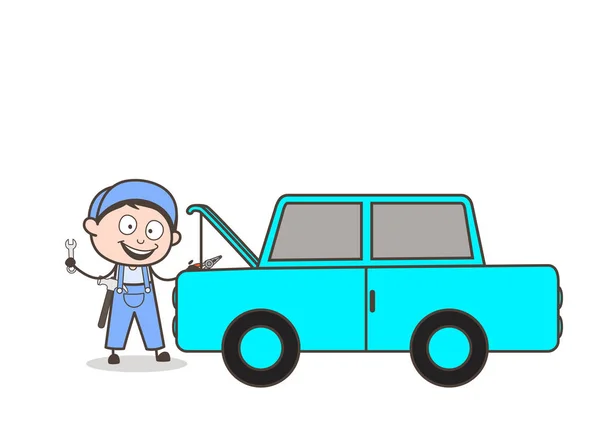 Cartoon monteur reparatie auto Vector Concept — Stockvector