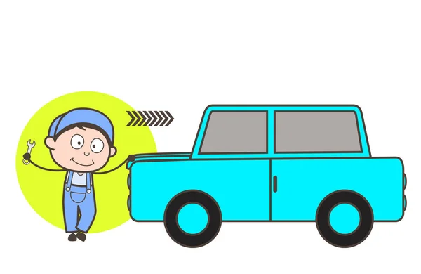 Mecánico de dibujos animados con ilustración de vectores de automóviles — Vector de stock