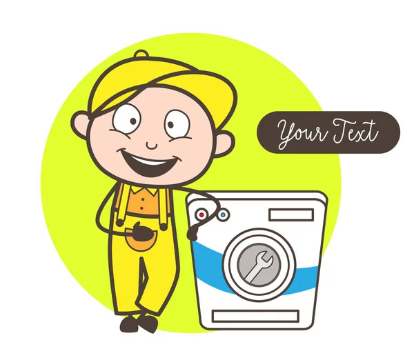 Cartoon Mecânico em pé com máquina de lavar Vector — Vetor de Stock