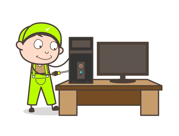 Cartoon Electrician Repairing Office Computer Vector Concept - Stok Vektor