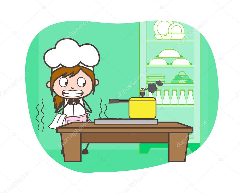 Cartoon Waitress Scaring to Presser-Cooker Vector Illustration