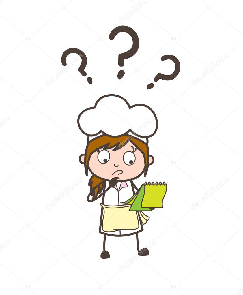 Cartoon Waitress Confused to Making List Vector Illustration