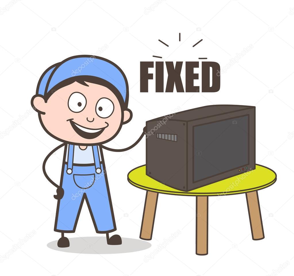 Cartoon Electrician Happy After Repair TV Vector Concept