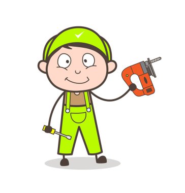 Delme makinesi vektör çizim Holding karikatür makinist