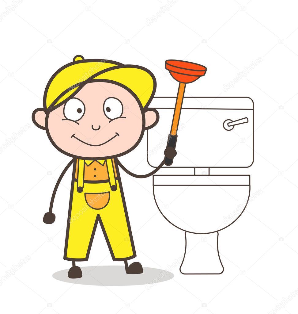 Cartoon Plumber Cleaning Toilet Seat Vector Illustration
