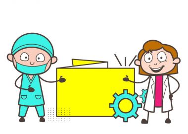 Yüz yüz maskesi vektör çizim ile gülümseyen karikatür cerrah