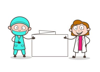 Kadın doktor ve bir boş ileti afiş sunulması kardiyolog çizgi film