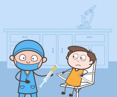 Çizgi film doktor şırınga ve klinik vektör hastası ile