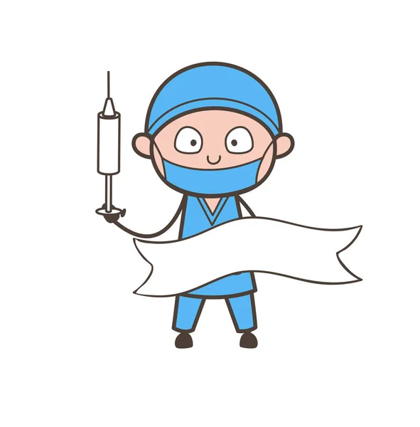 Cartoon Surgeon with Syringe and Ribbon Banner Vector — Stock Vector