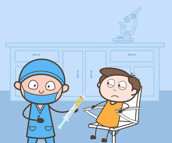 Médico dos desenhos animados com seringa e paciente na clínica Vector —  Vetores de Stock