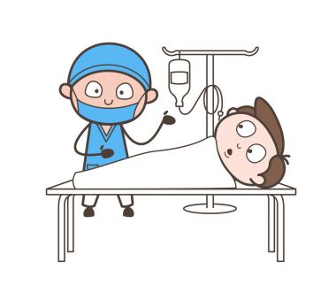 Çizgi film cerrah tedavi hasta hasta vektör çizim yapıyor