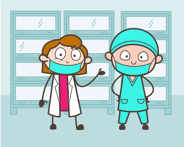Desenhos animados Cirurgião Masculino e Feminino Apresentando um ao outro Ilustração vetorial — Vetor de Stock