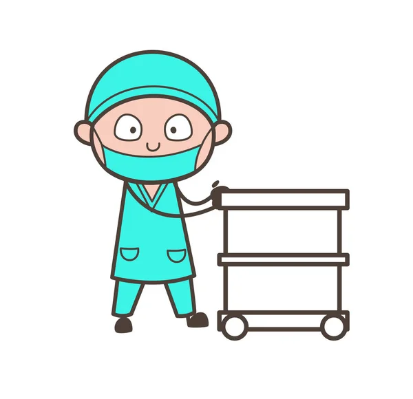 Chirurgien de bande dessinée avec le vecteur de boîte de chariot — Image vectorielle