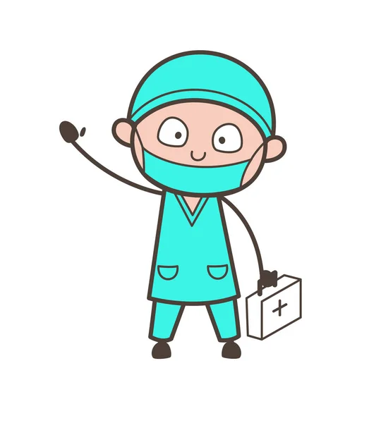 의료 장비 상자 벡터와 외과 의사 만화 — 스톡 벡터