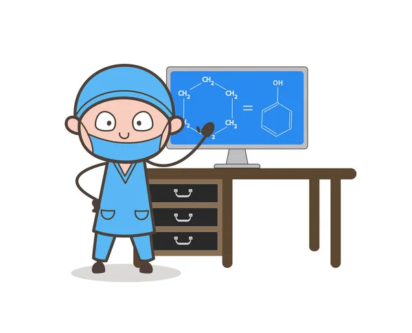 Cirurgião dos desenhos animados mostrando conceito de vetor de fórmula médica — Vetor de Stock