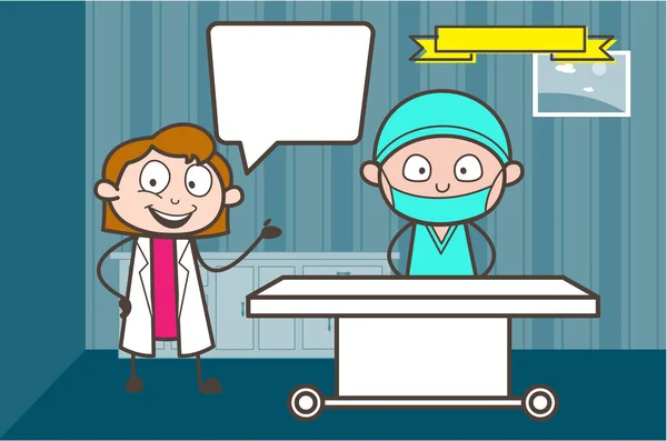 Médica dos desenhos animados do sexo feminino Apresentando ao cirurgião Vector — Vetor de Stock