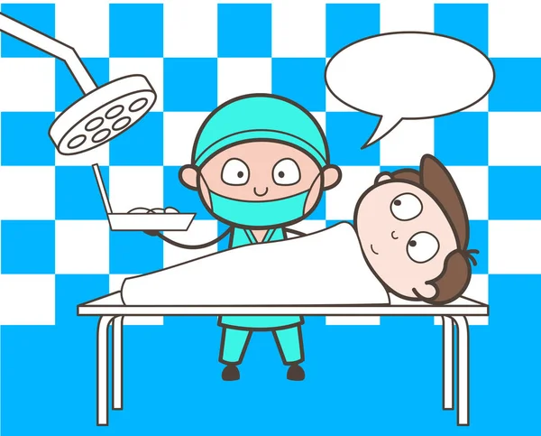 Chirurgo dei cartoni animati in sala operatoria con concetto vettoriale paziente — Vettoriale Stock