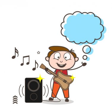 Çizgi film erkek gitarist düşünce Bubble vektör ile