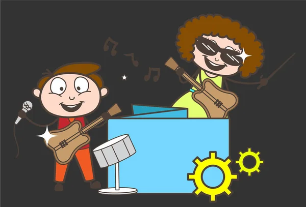 Cartoon Young Pop-Singers with Advertisement Banner Vector — Stock Vector