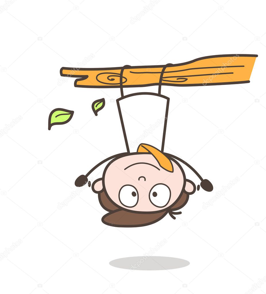 Funny Cartoon Businessman Hanging Upside Down on Branch Vector