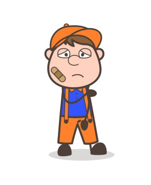 Üzgün yaralı karikatür marangoz çalışan