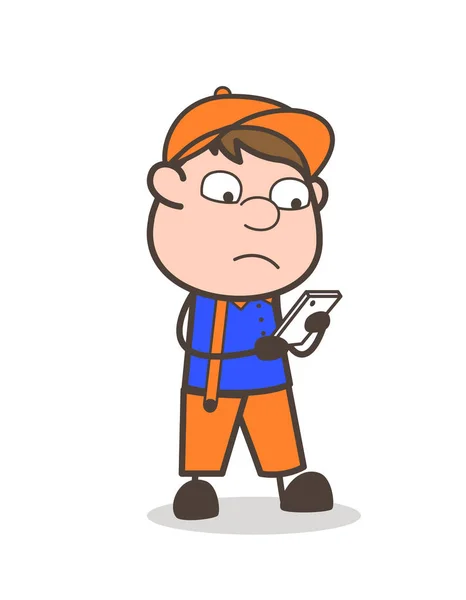 Cartoon Salesman Checking Smartphone Features Vector Concept — Stock Vector