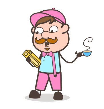 Çizgi film ofis çalışanı ile kitap ve sıcak kahve vektör