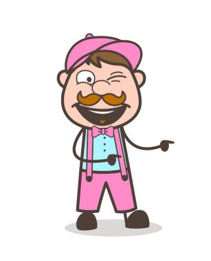 Komik satıcı adam göz kırpıyor-göz ve işaret parmak vektör